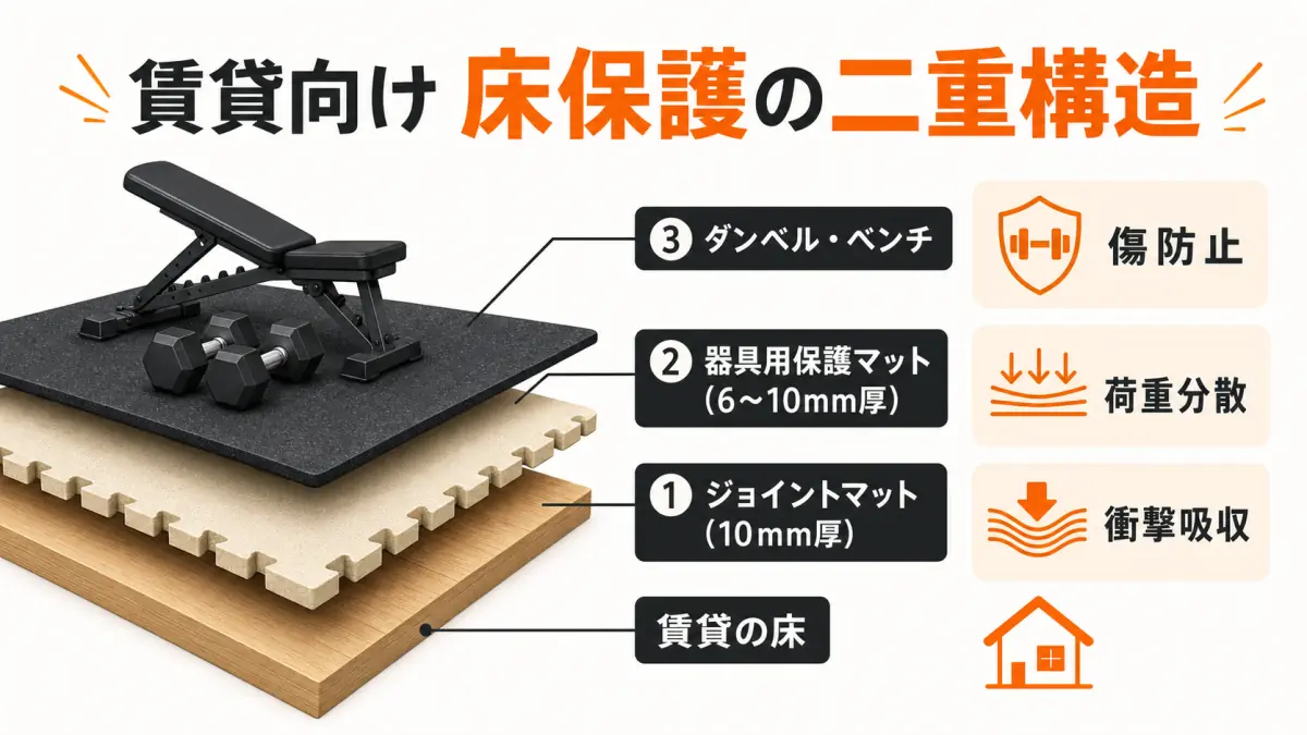 賃貸住宅の床を保護する二重マット構造の断面図