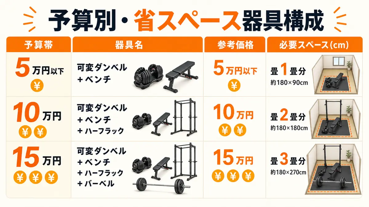 予算帯別の省スペースホームジム器具構成と必要面積の比較表