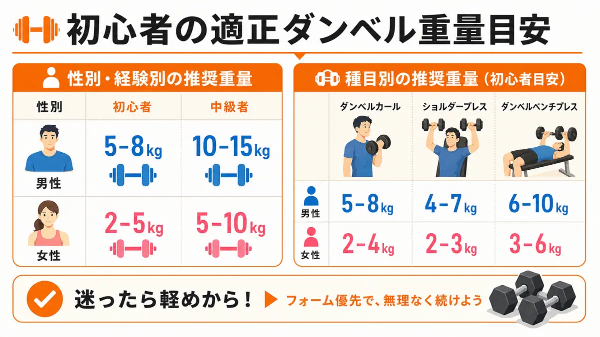 初心者から中級者までの適正ダンベル重量を性別・種目別に示した表