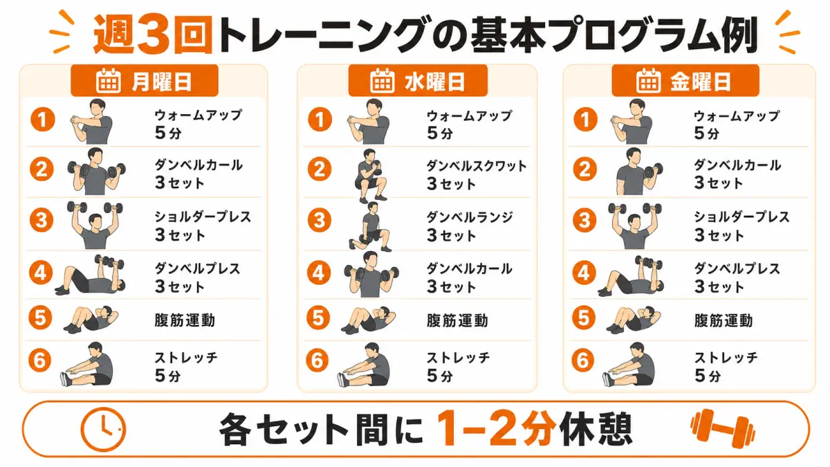 週3回の初心者向けダンベルトレーニングプログラム