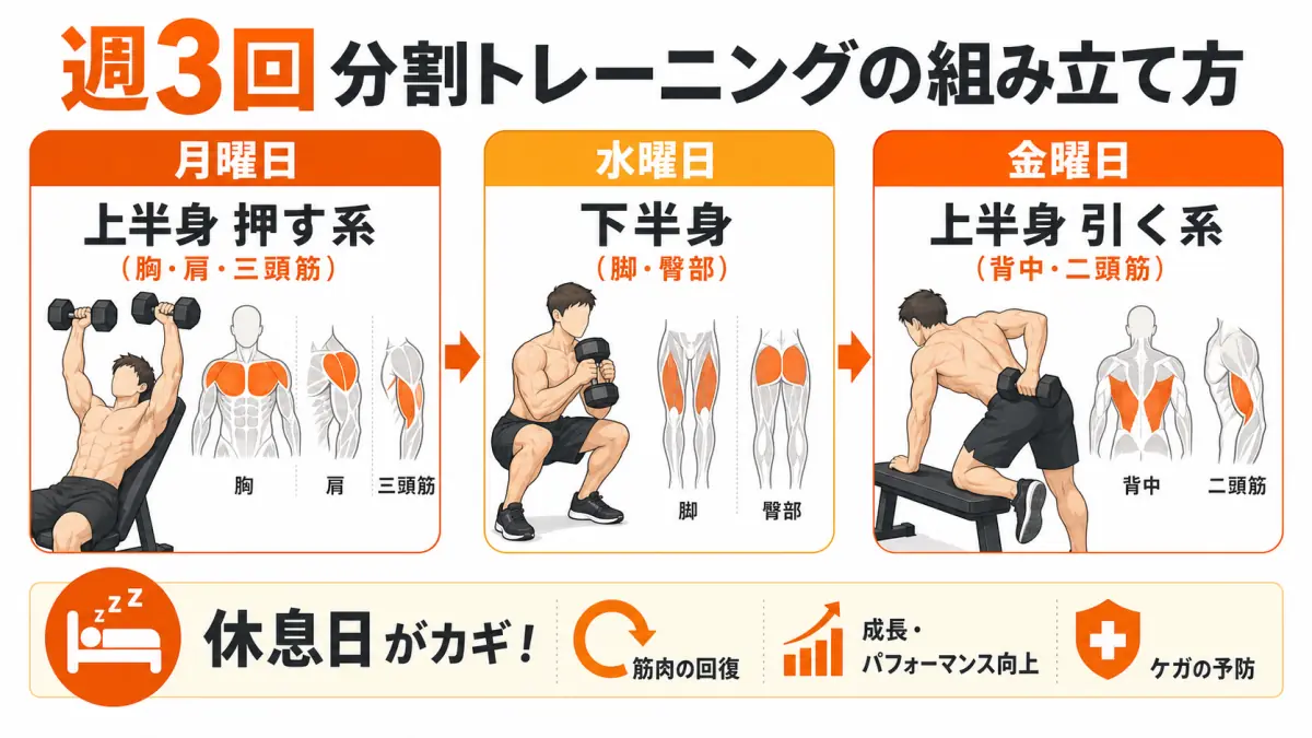週3回の筋トレ分割スケジュール図