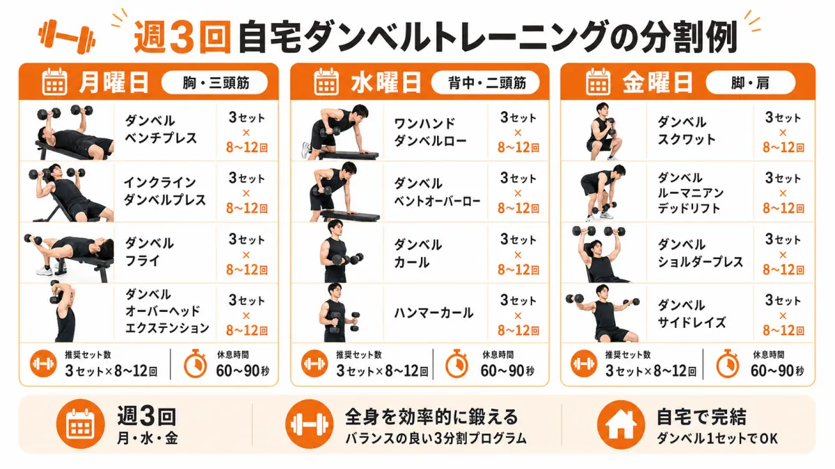 自宅ダンベル筋トレメニュー完全ガイド|初心者向け週3回プログラム