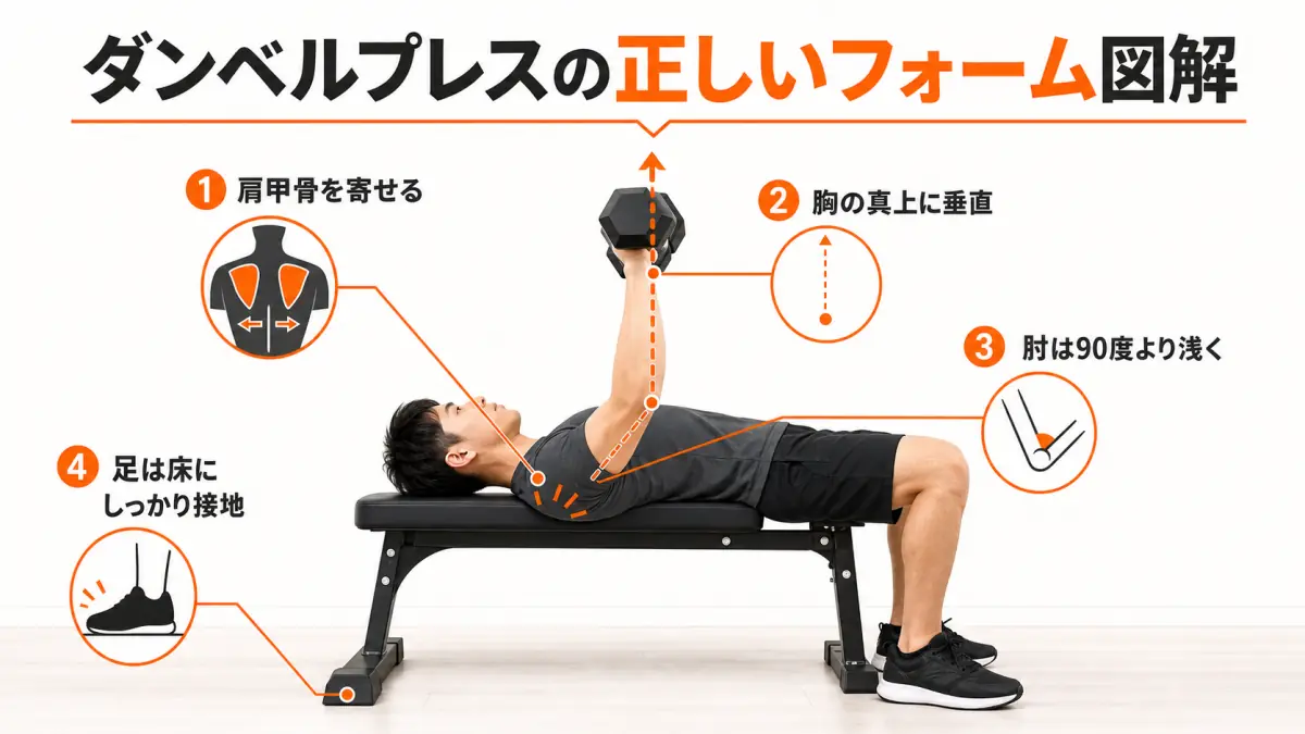 ダンベルプレスの正しいフォームを示した図解