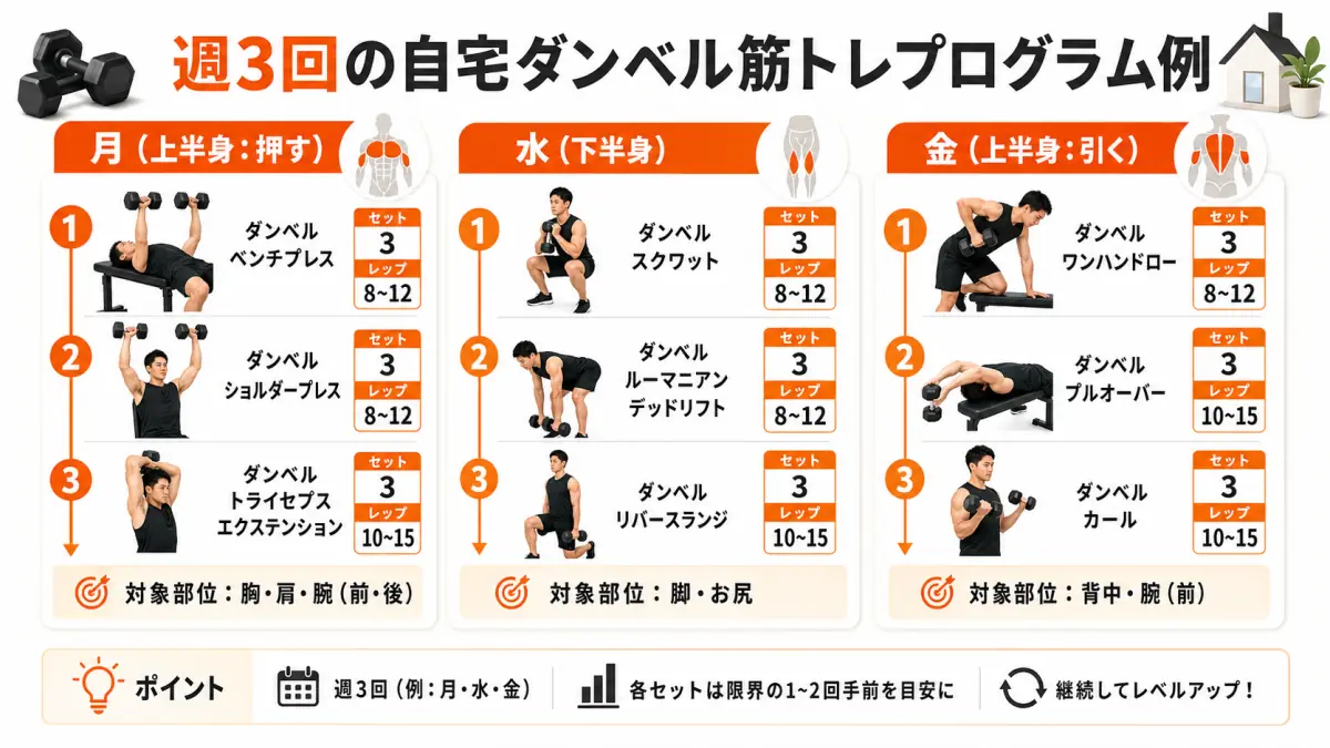 週3回で全身を鍛える自宅ダンベルトレーニングプログラムの構成図
