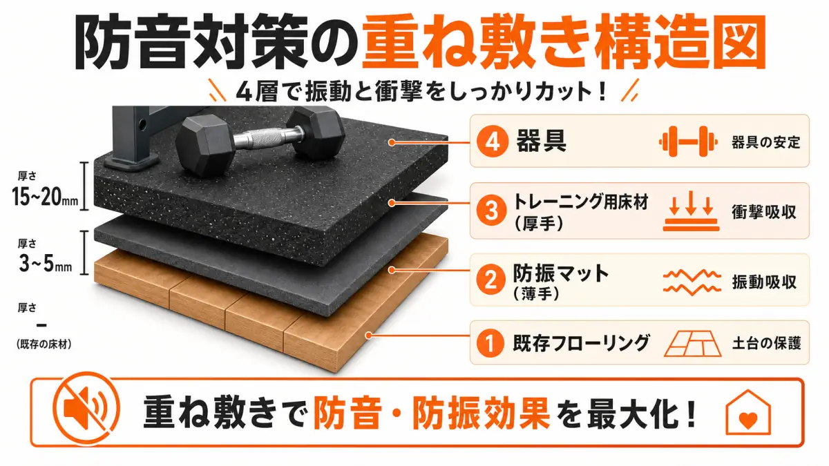 床材と防振マットの重ね敷き断面図