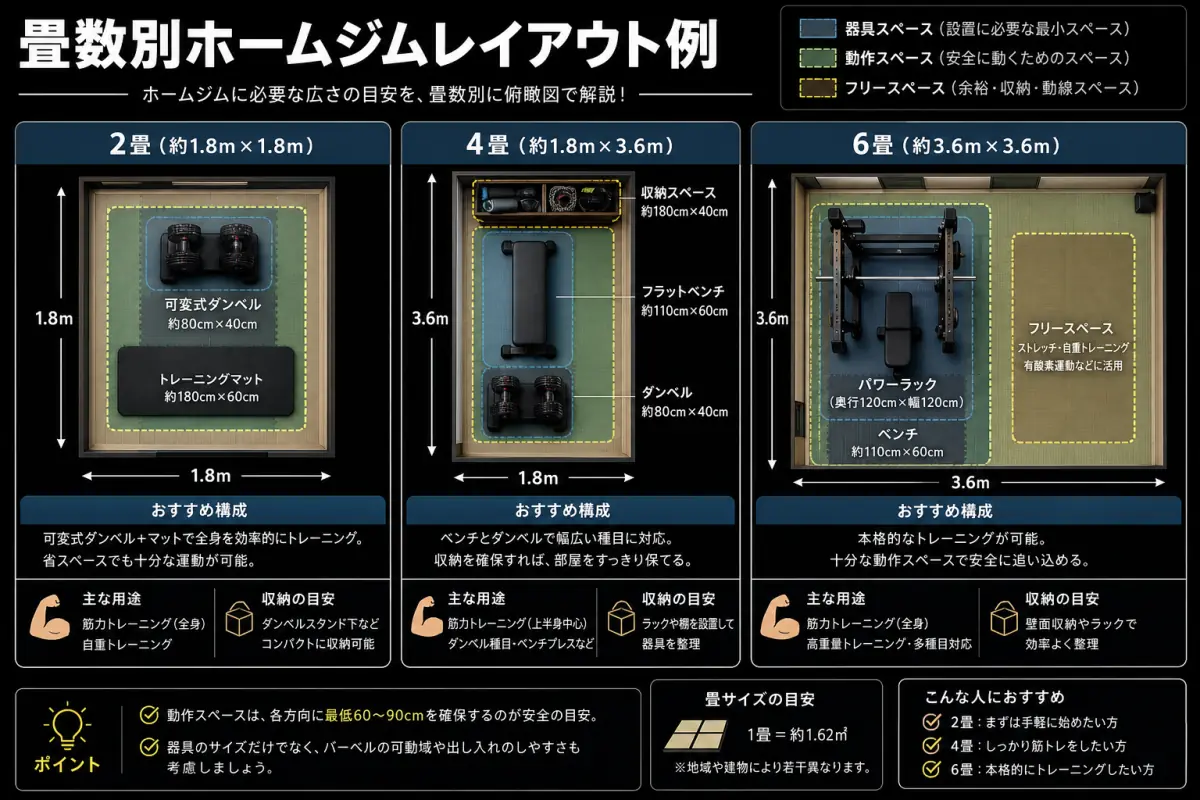 2畳、4畳、6畳それぞれのホームジムレイアウト配置図