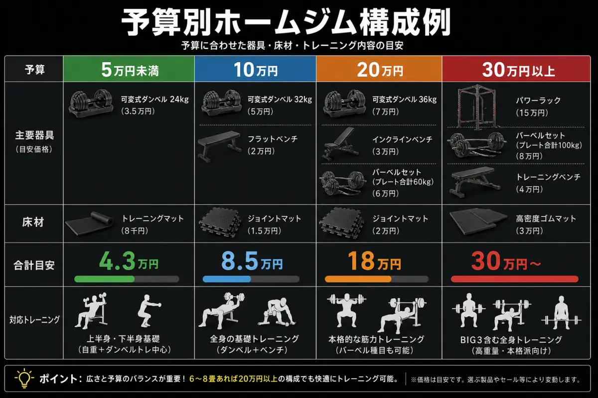 予算5万円から30万円以上まで4段階の器具構成比較表