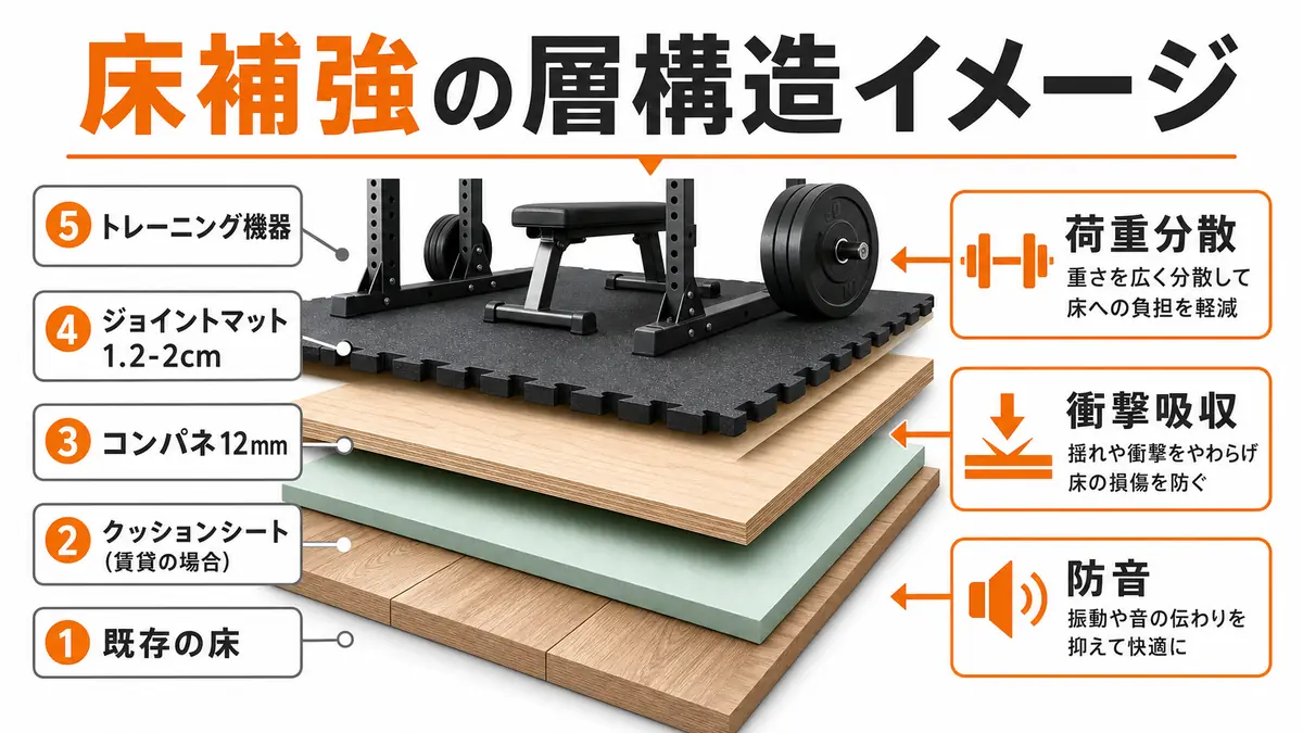 ホームジム床補強の推奨層構造を示す断面図