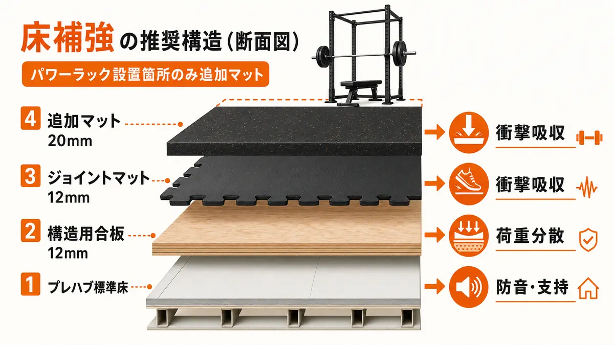 ホームジム床補強の層構造図