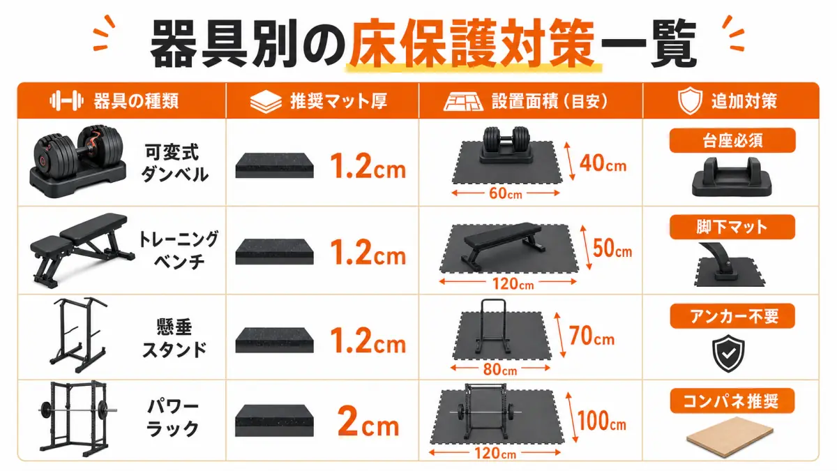 ホームジム器具別床保護対策表