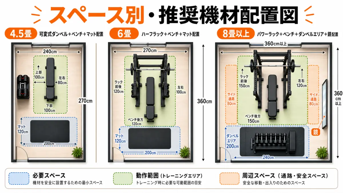 部屋の広さ別の筋トレ機材配置例
