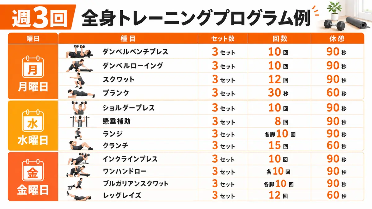 初心者向け週3回全身トレーニングメニュー表