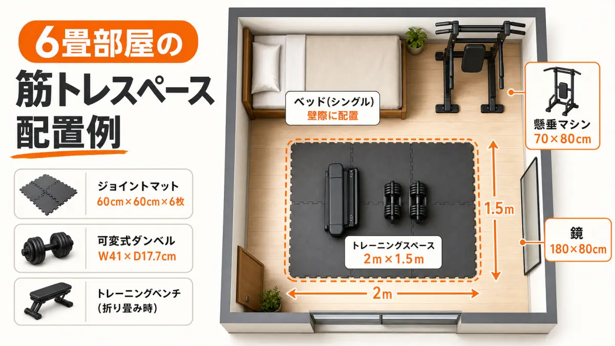 6畳ワンルームでの筋トレ器具配置レイアウト図