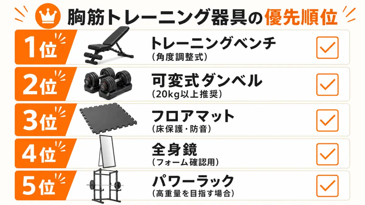 自宅胸筋トレーニングに必要な器具の優先順位リスト
