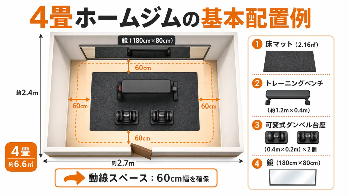 4畳の部屋における筋トレ器具の効率的な配置図
