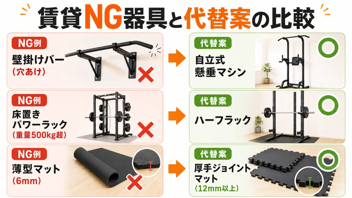 賃貸で避けるべき器具と推奨代替品の比較図
