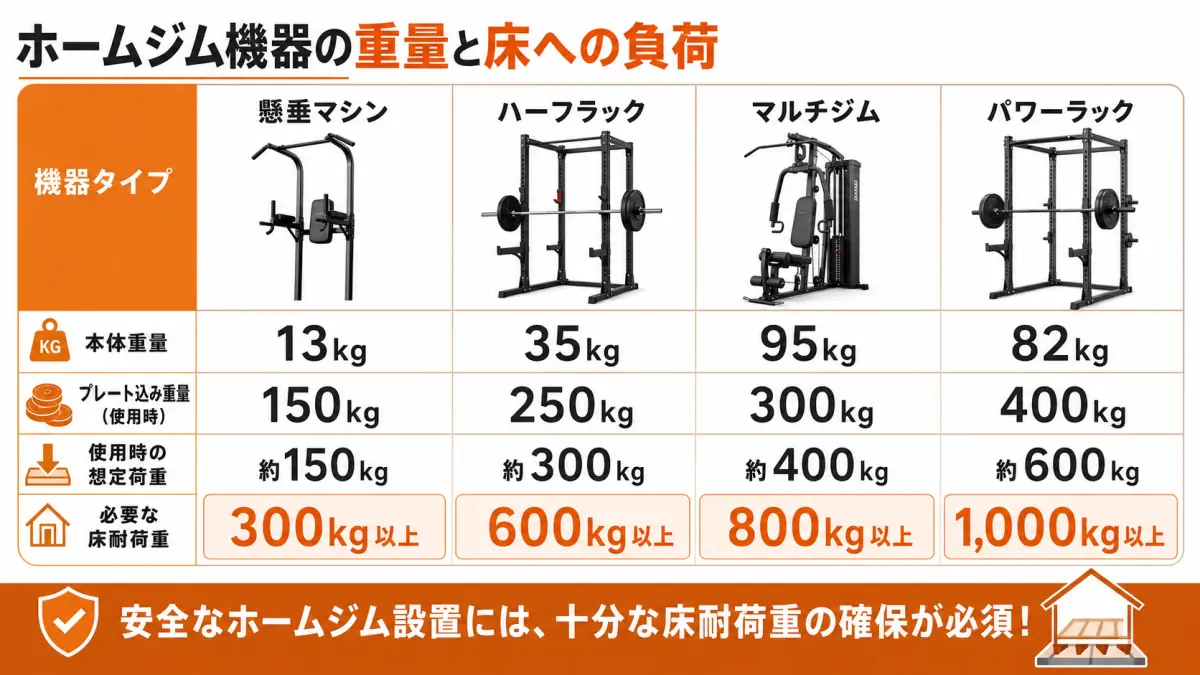 ホームジム機器の重量比較表