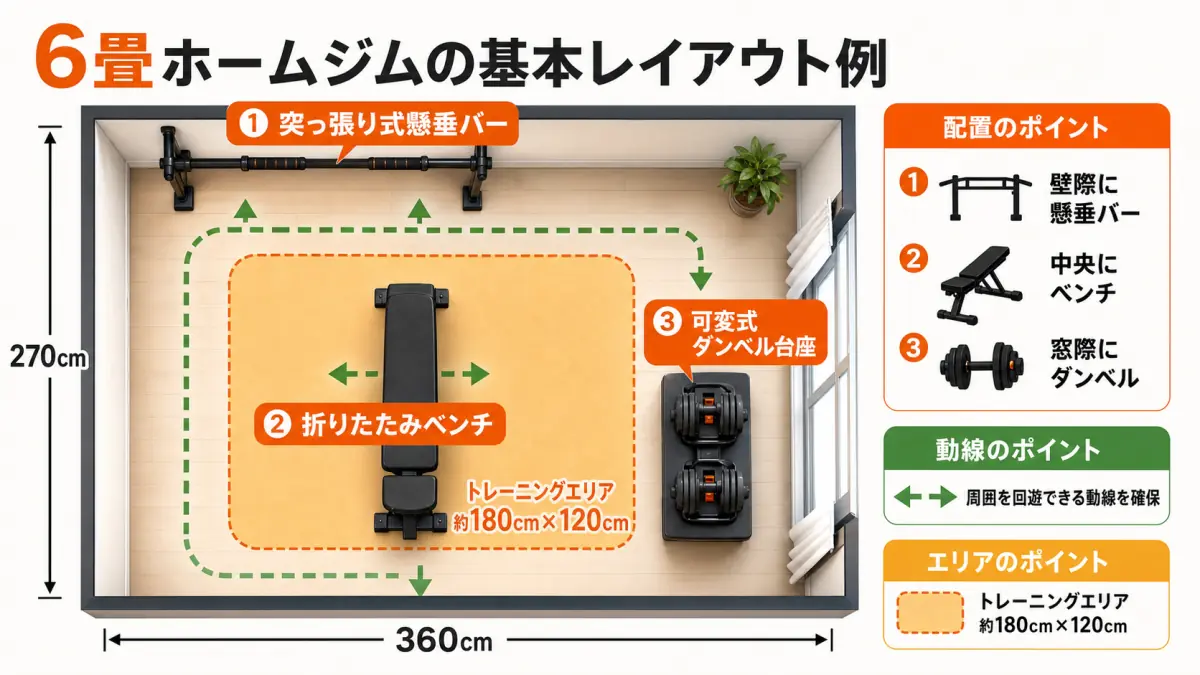 6畳の部屋における筋トレ器具の配置例を示した俯瞰図