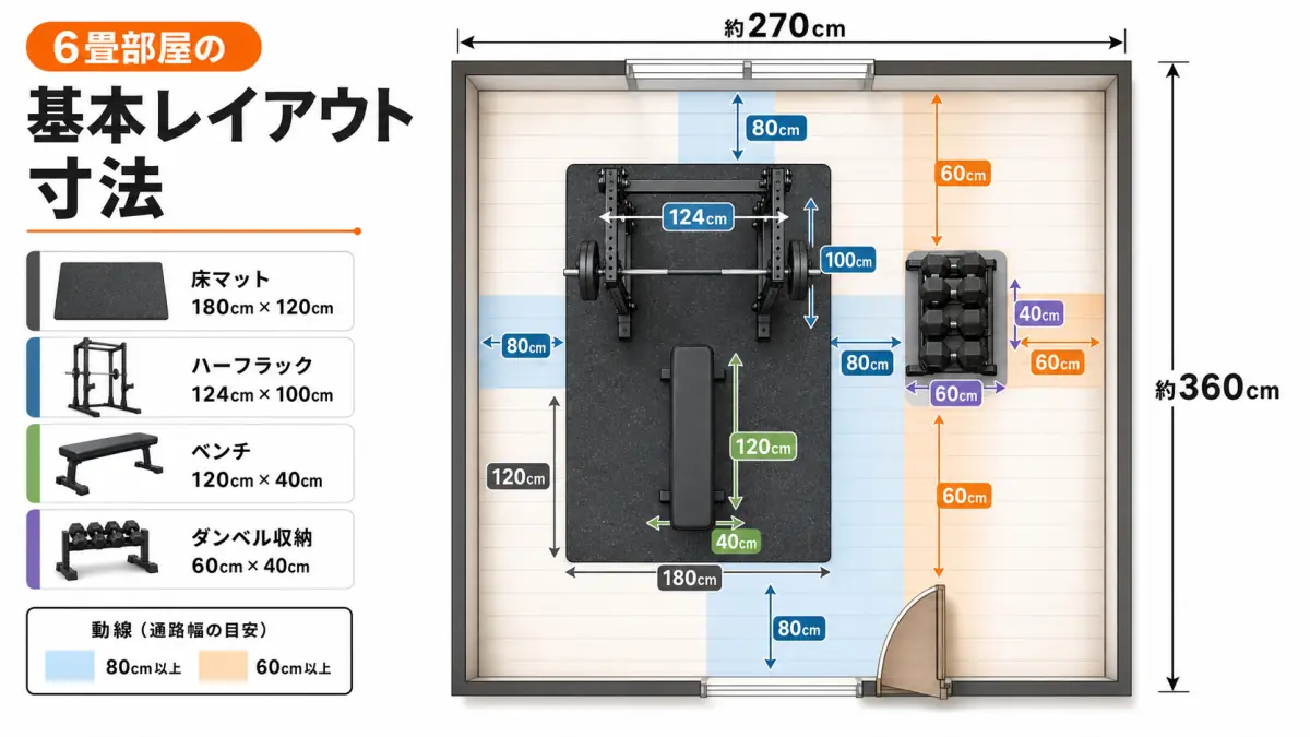 6畳部屋におけるホームジム器具の配置例と必要な動線スペースを示した平面図