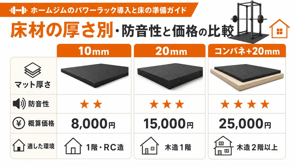 床材の厚さごとの防音性能と価格帯の比較表