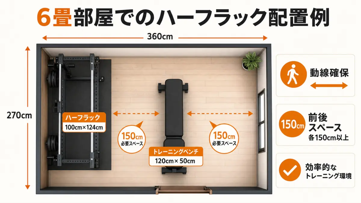 6畳の部屋にハーフラックとベンチを配置した平面図