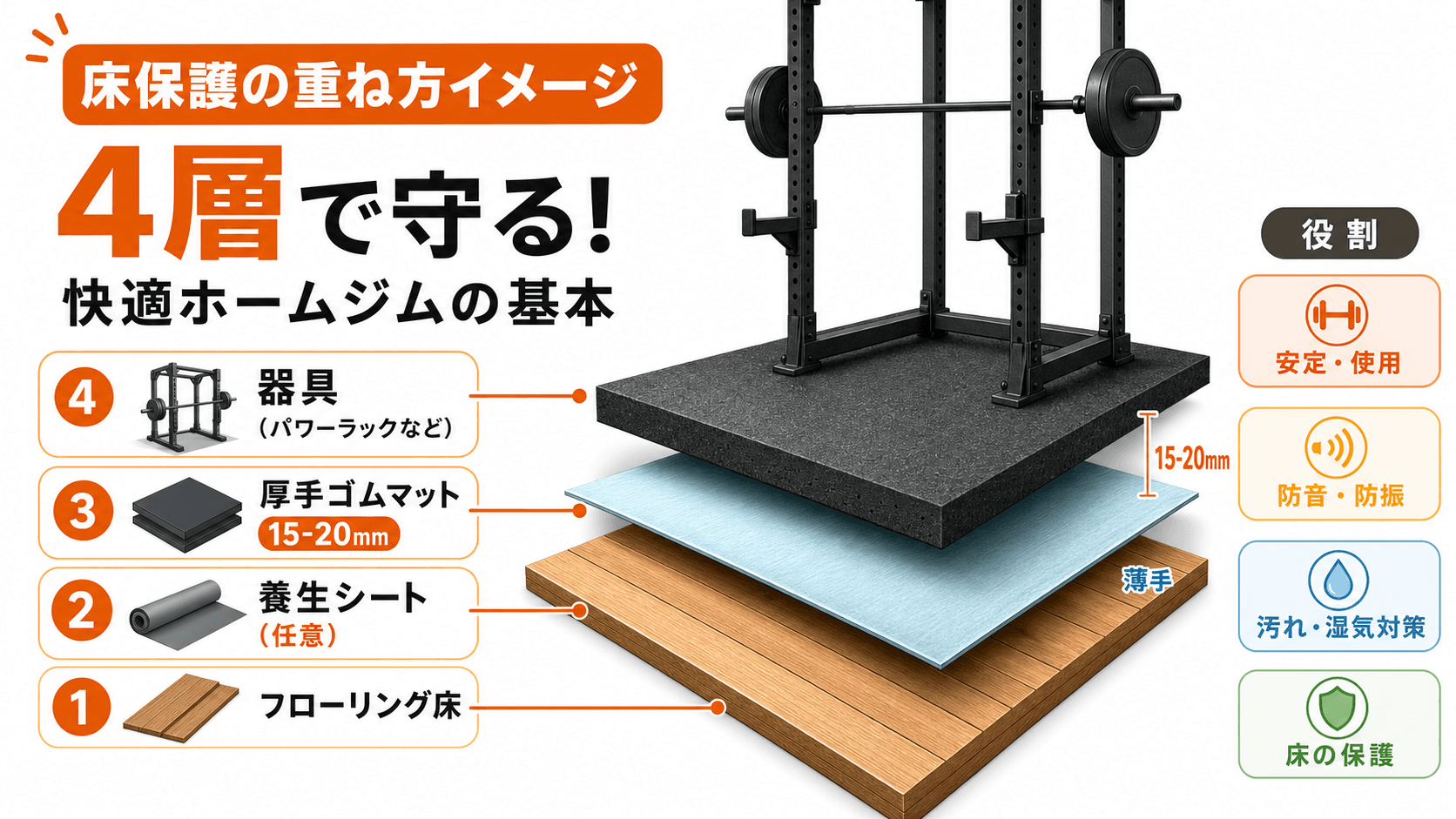 賃貸住宅での床保護のための4層構造図