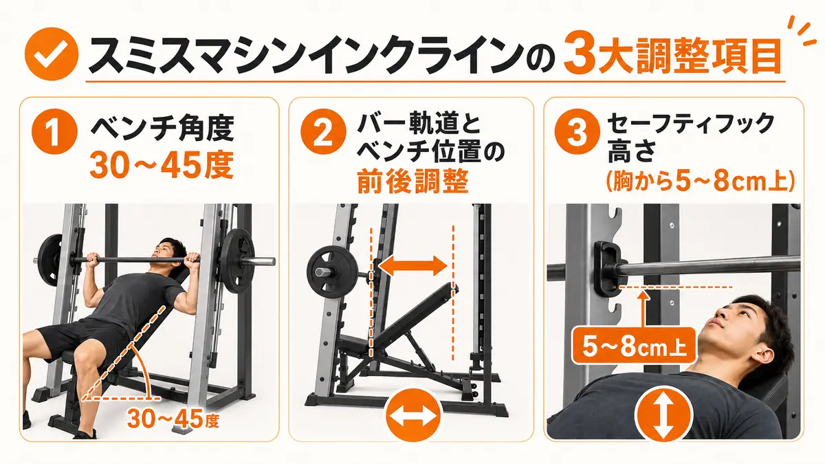 スミスマシンでインクラインベンチプレスを行う際の角度とセーフティ